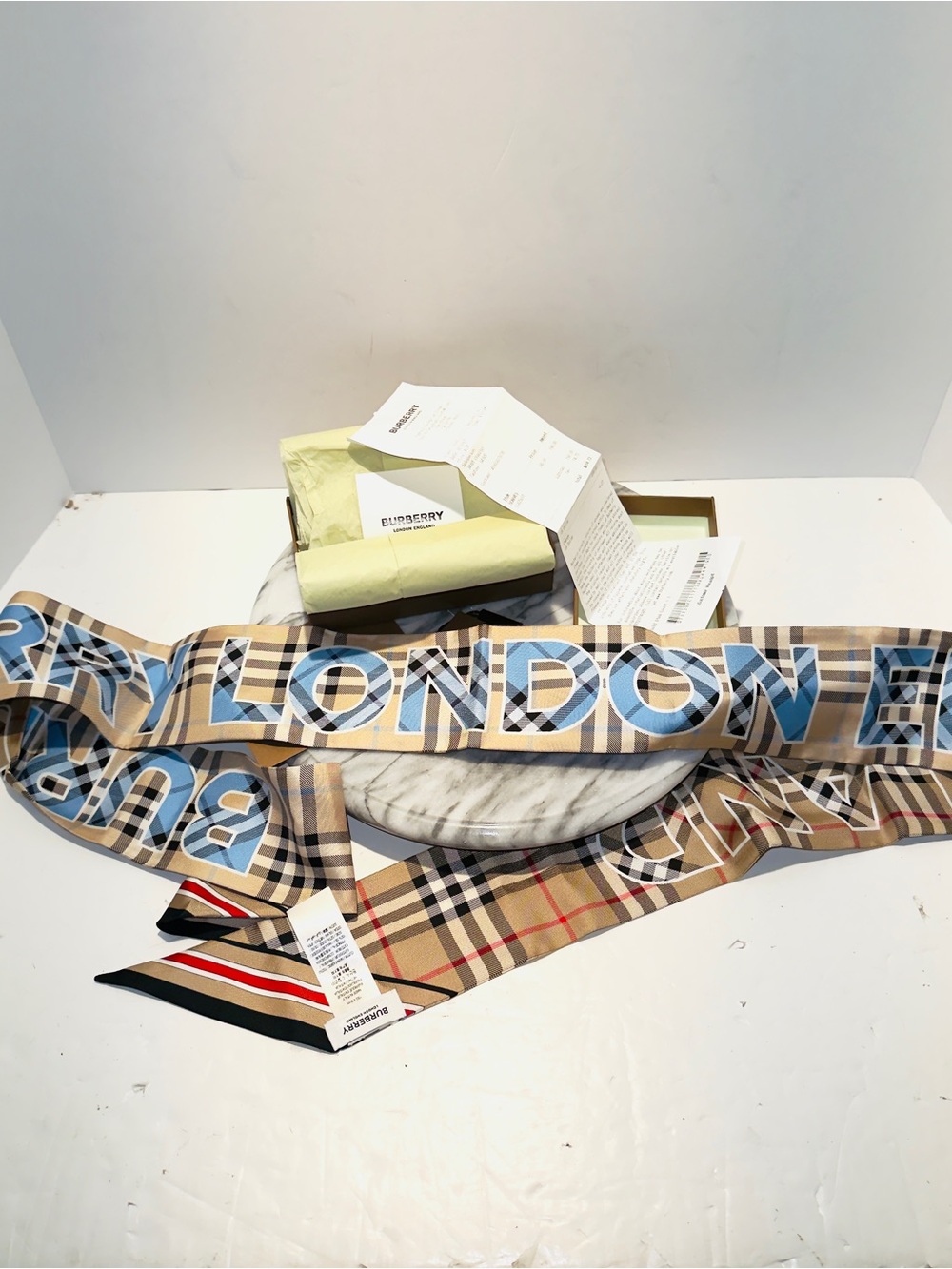Burberry NWT Skinny Watercolor Check Silk Scarf Blue Red  And Brown Elegant